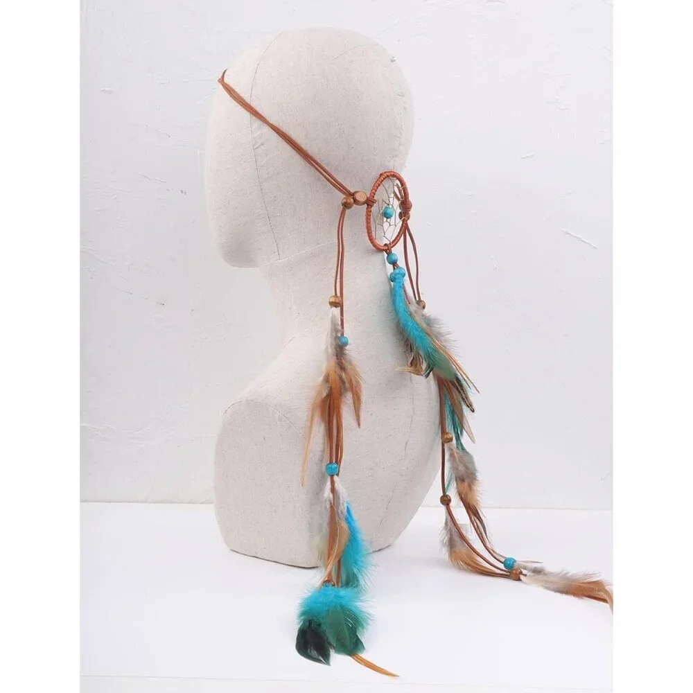 Bohemian Feather Headband Indian Gypsy Elastic Beaded Tassel Accessory